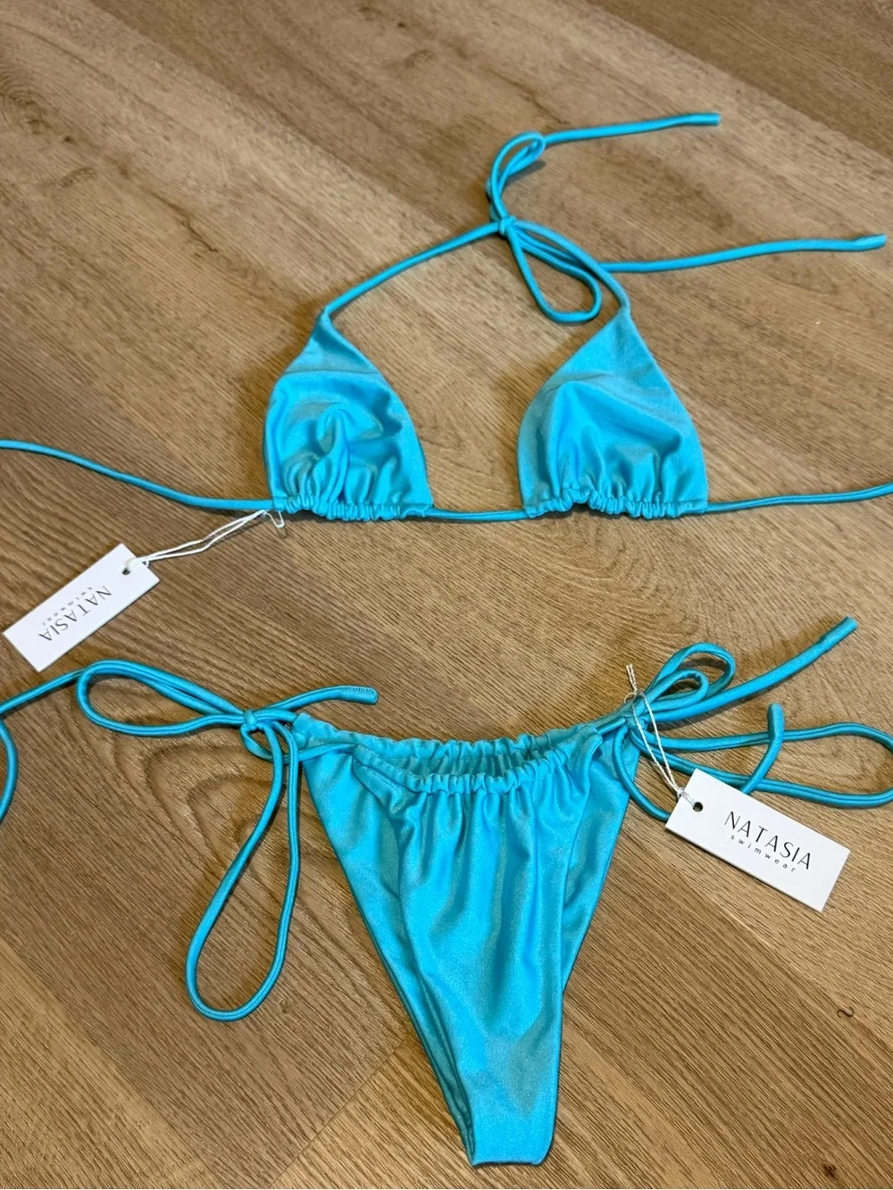 NWT Natasia Swim “Cala” Turquoise Tie-Side Triangle Bikini